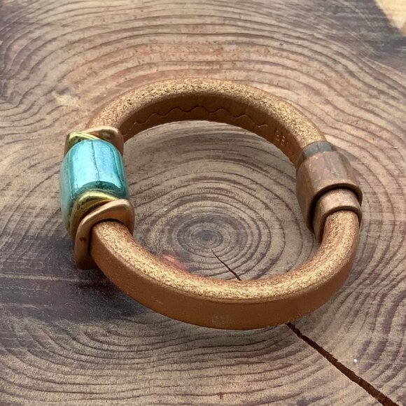 Artisan Leather Copper & Ceramic Cuff Bracelet Magnetic Closure - Picture 9 of 9
